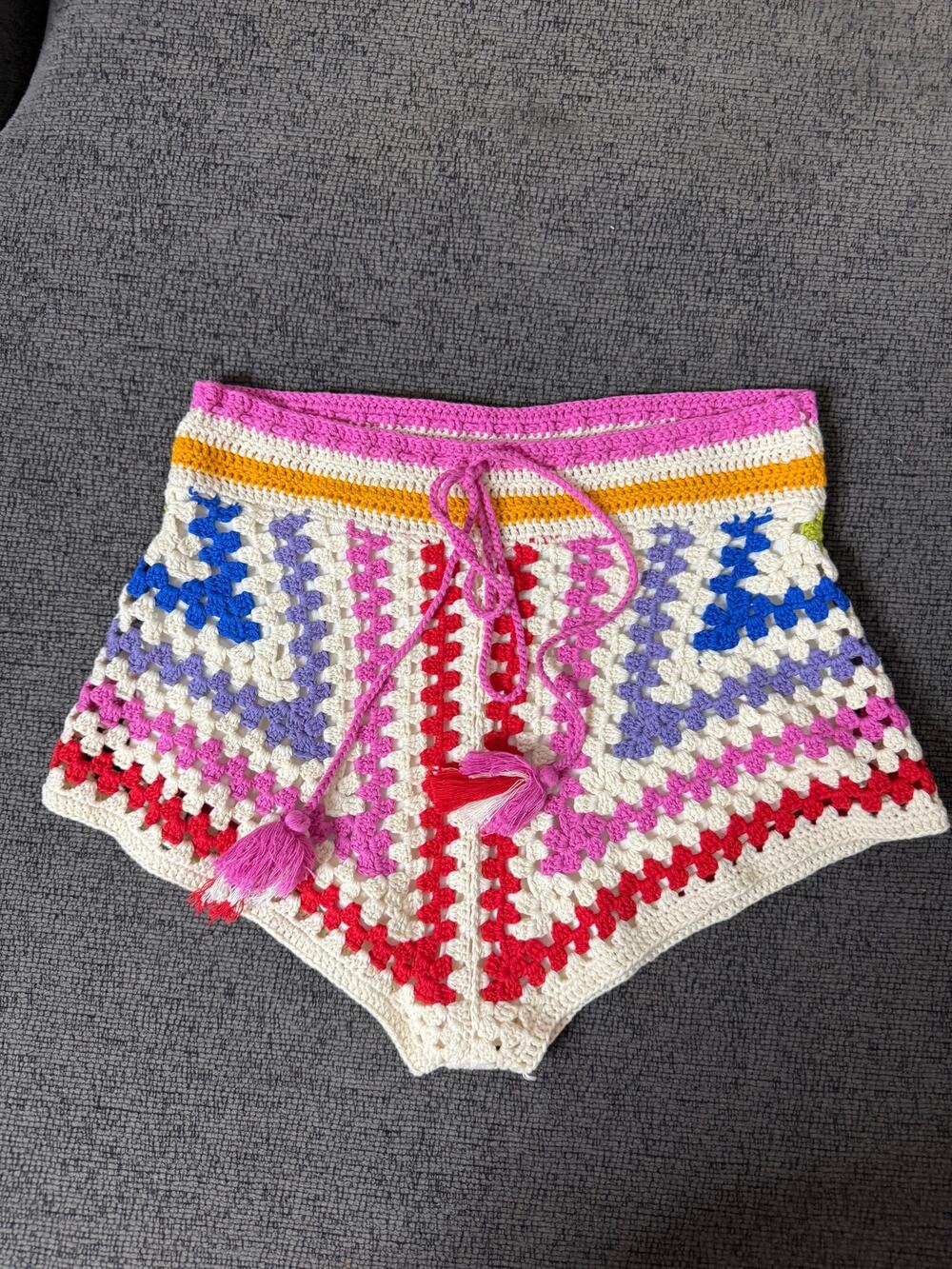 FARM Rio Multicolor Crochet Granny Square Shorts Tassel size S Boho Resort
